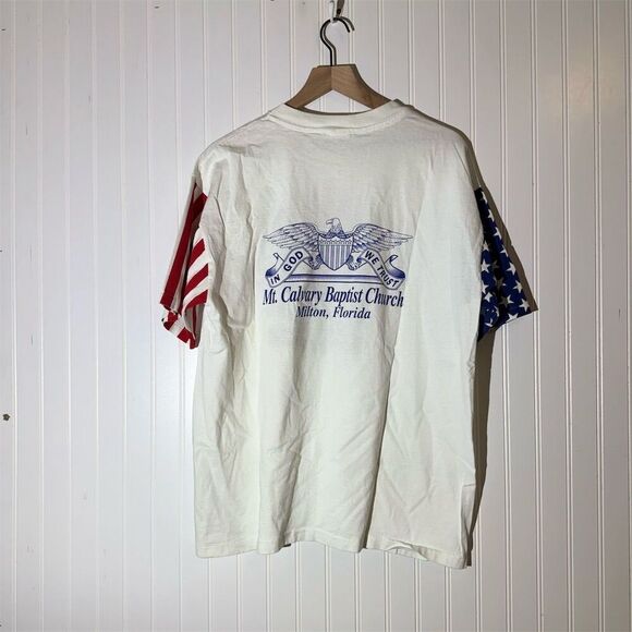 Vintage 90s Merica Patriotic T-Shirt XL USA Flag Sleeves Bald Eagle Tee 1996 - Picture 7 of 7